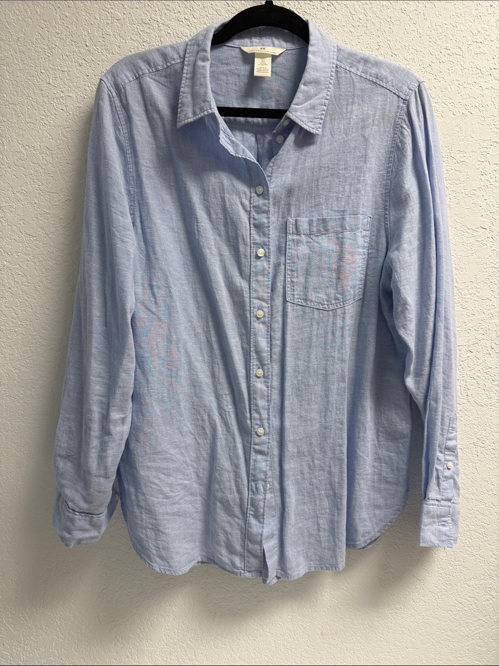 Linen Blend Light Blue Chambray Oversized Boyfriend Casual Button-Down Shirt SM